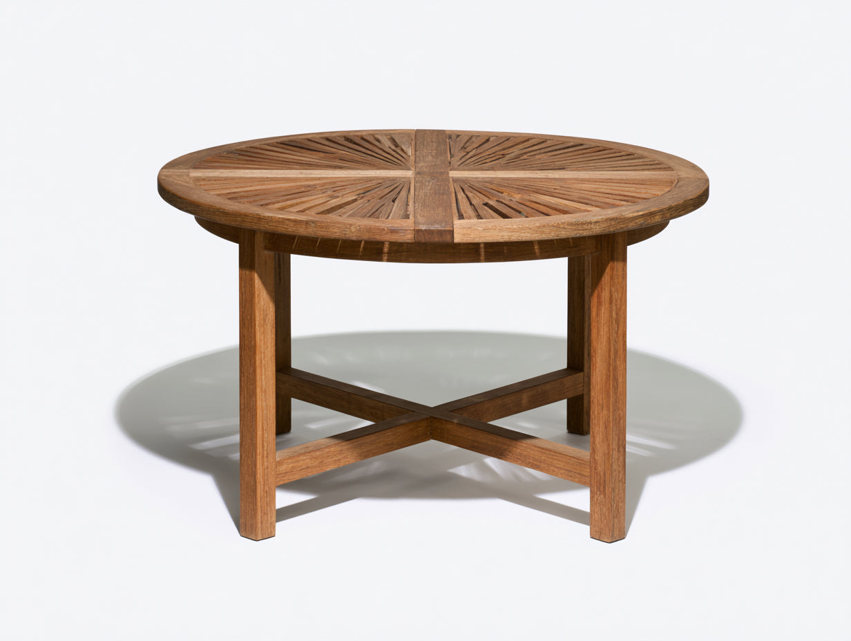 Mesas de jardín de madera 120x120x74 cm - marrón natural - mesa redonda con tablero radial