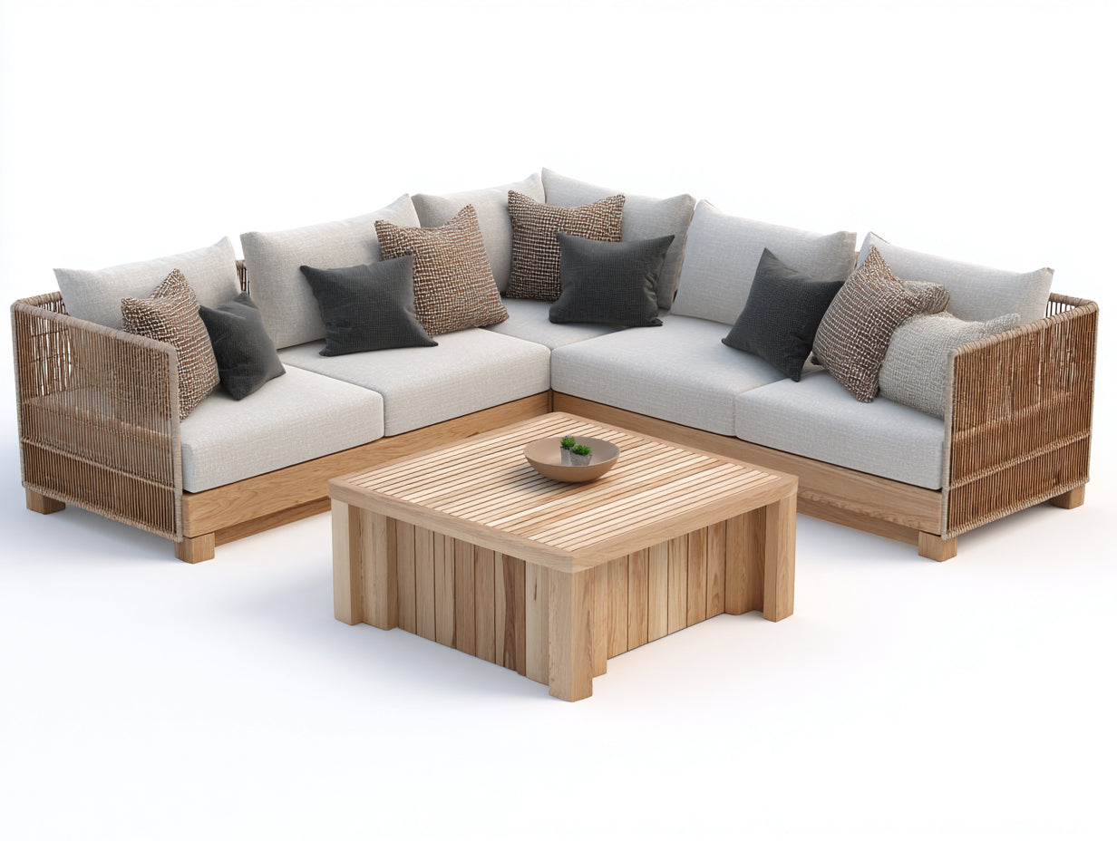 Sofás de exterior de madera y ratán 280x280x75 cm - beige y marrón natural - diseño esquinero con mesa para terraza