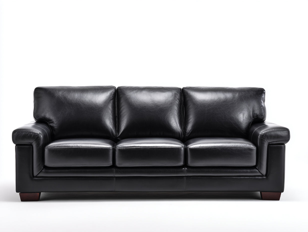 Sofás 3 plazas de cuero sintético negro 215x92x88 cm - brazos rectos acolchados - diseño contemporáneo para salón