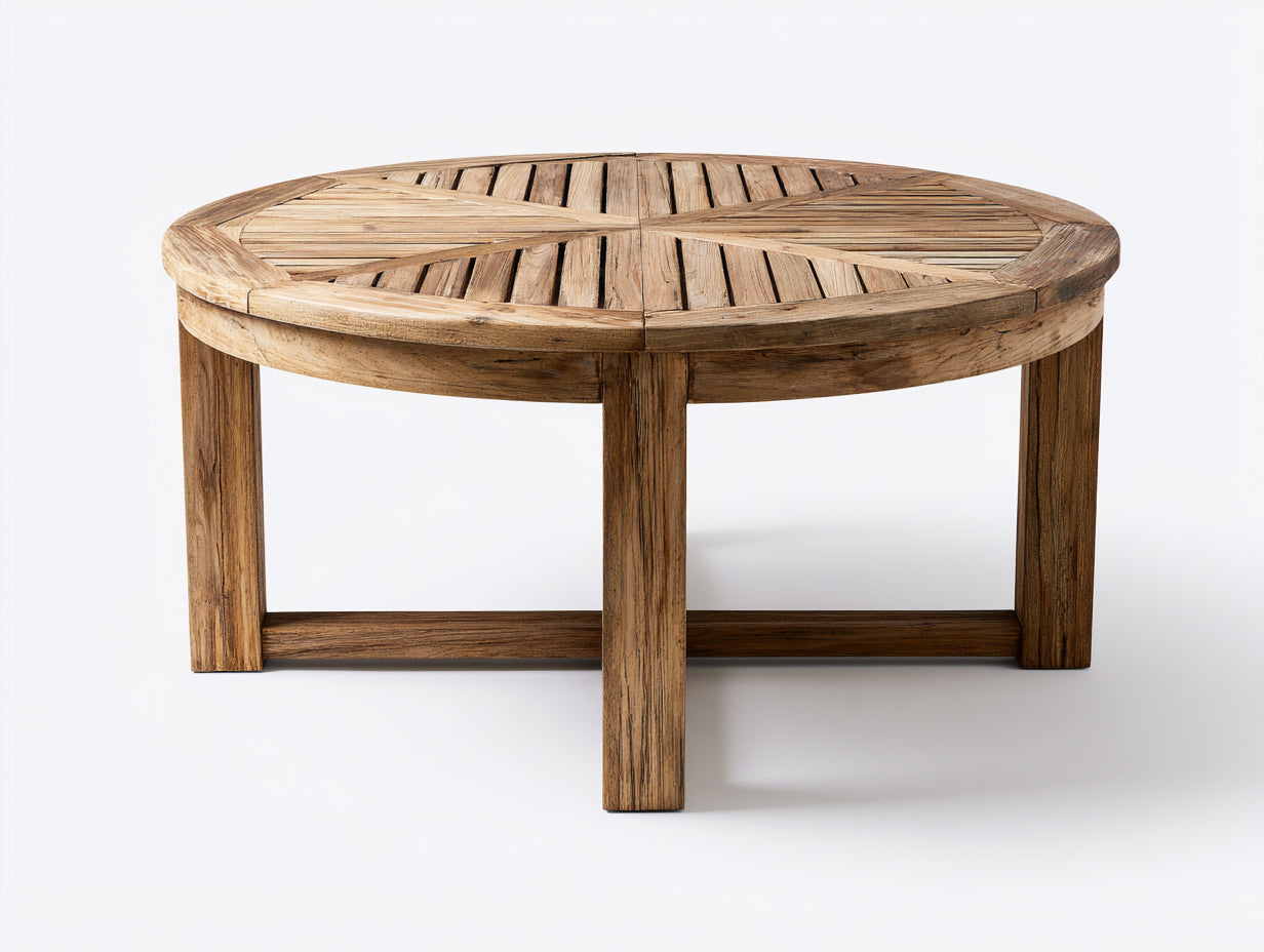 Mesas de jardín de madera 110x110x75 cm - Marrón natural - Diseño redondo con tablero de lamas