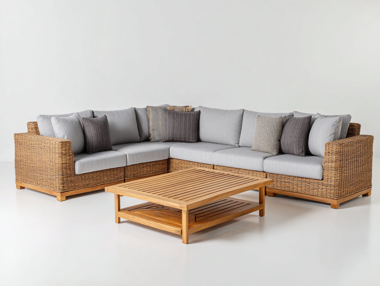 Sofás de exterior modulares cuadrados 260x260x70 cm - natural gris - conjunto de ratán con mesa de centro de madera