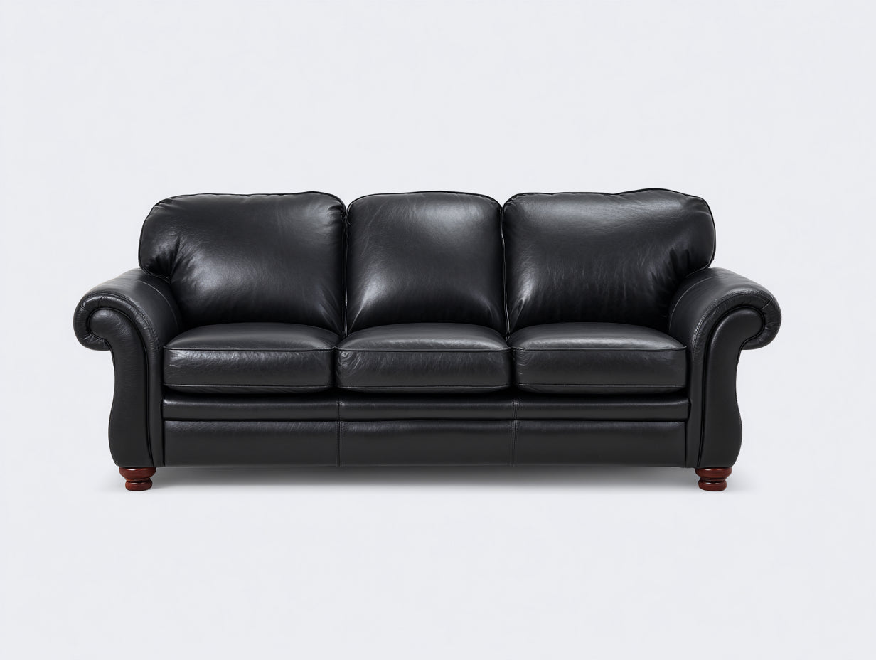 Sofás 3 plazas de cuero negro 220x95x90 cm - brazos enrollados - estilo clásico para salón