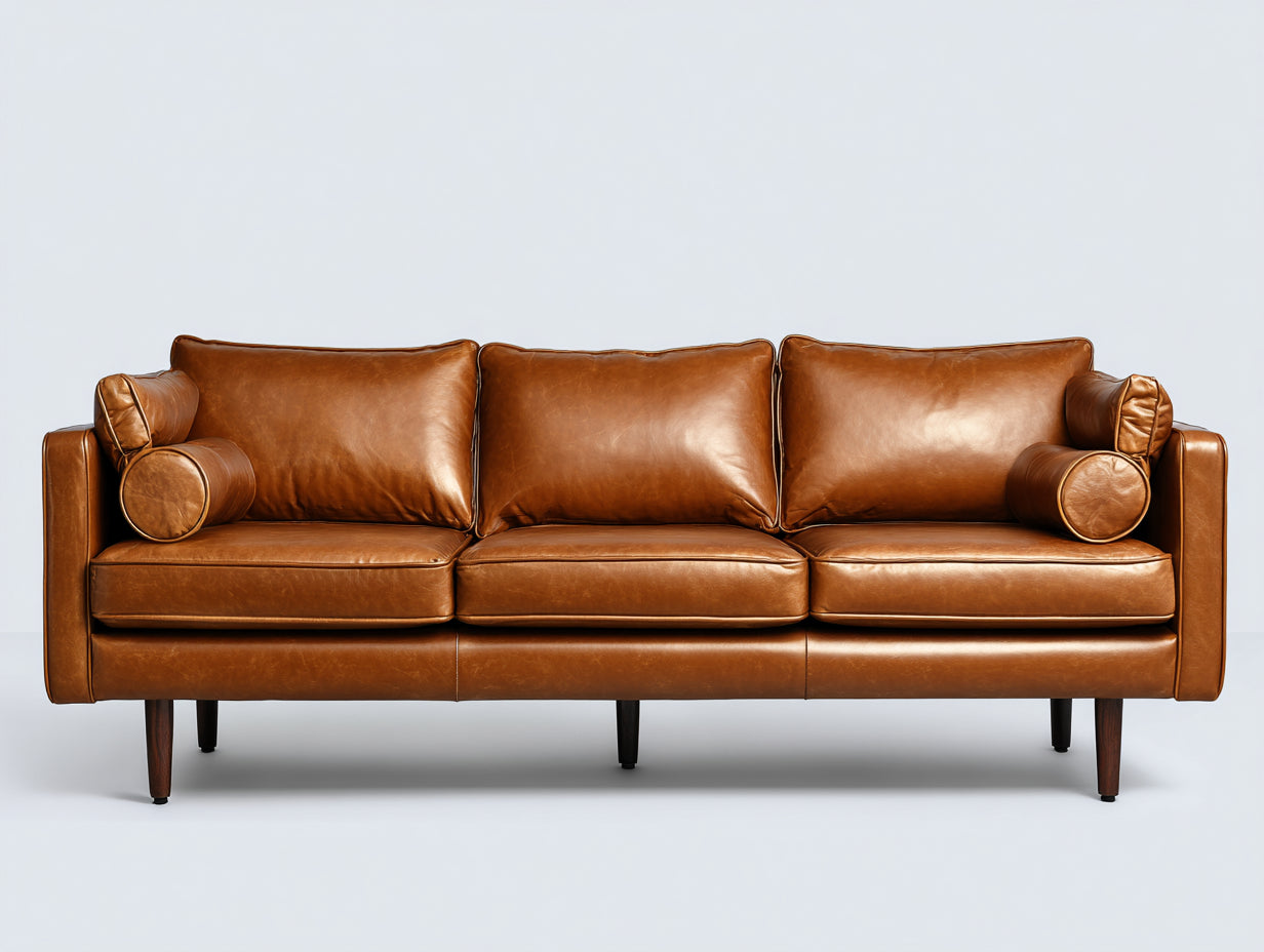 Sofás 3 plazas tapizado efecto cuero 218x90x84 cm - marrón cognac - patas altas de madera
