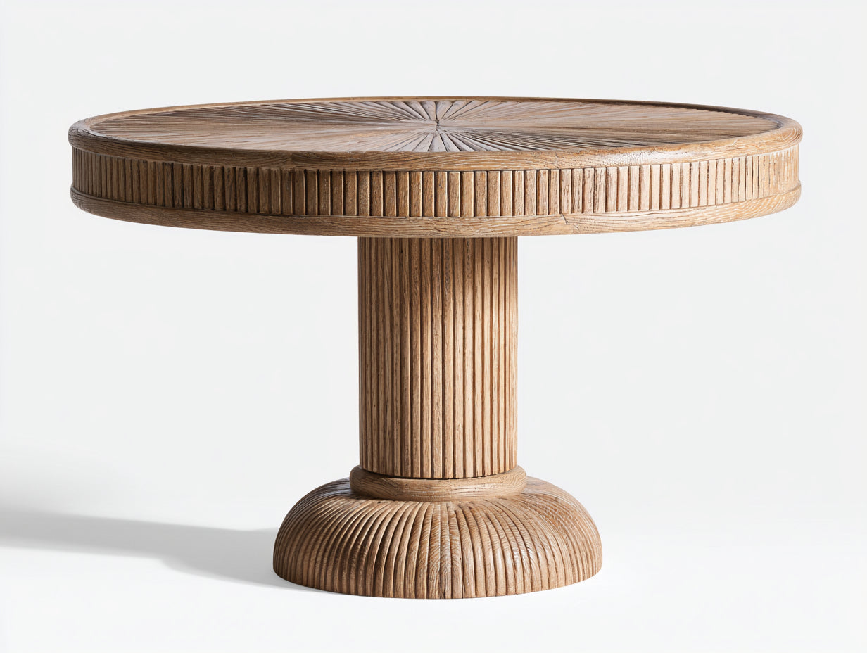 Mesas de jardín de madera 130x130x76 cm - marrón natural - mesa redonda con pedestal acanalado