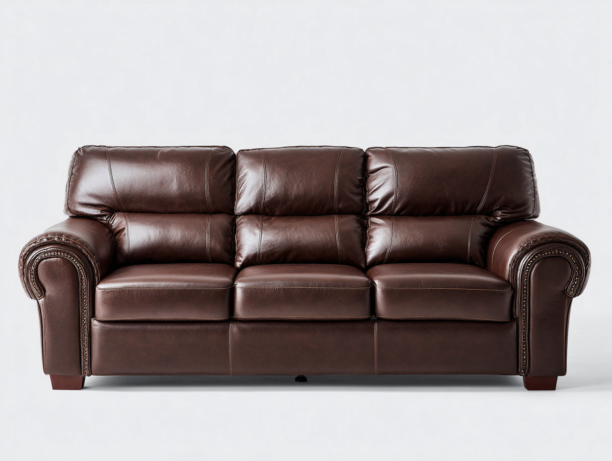 Sofás 3 plazas tapizado efecto piel 215x94x88 cm - marrón oscuro - diseño clásico con brazos curvos para salón