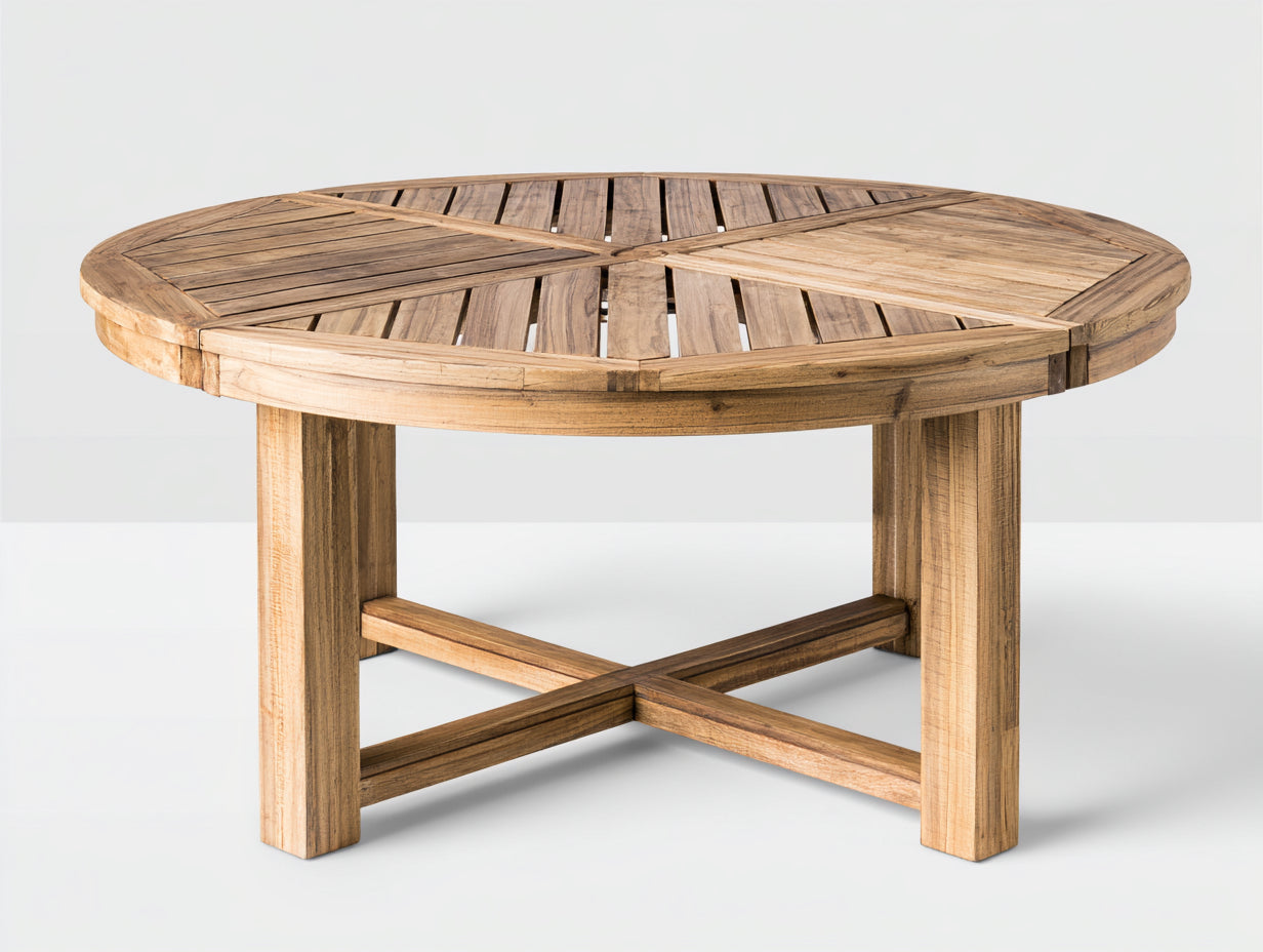 Mesas de jardín de madera 130x130x75 cm - marrón natural - diseño redondo de lamas con refuerzo cruzado