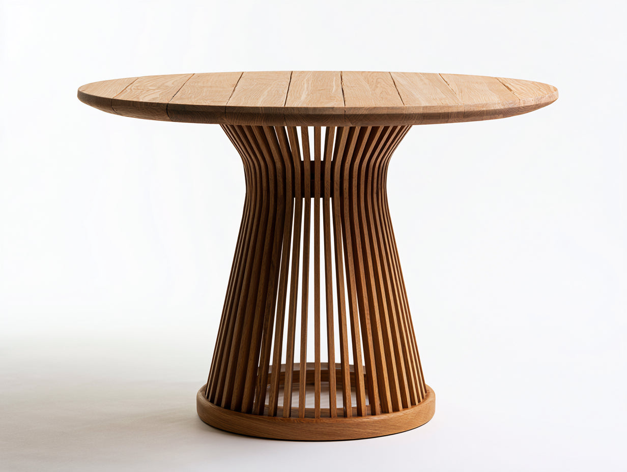 Mesas de jardín de madera 120x120x75 cm - marrón natural - mesa redonda con base de listones verticales estilo moderno orgánico