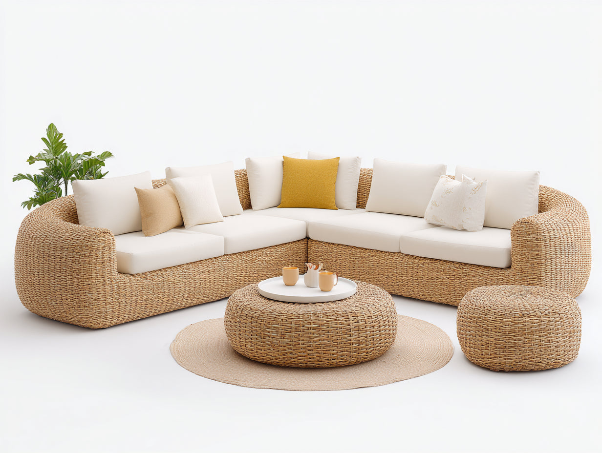 Sofás de exterior modulares 320x320x78 cm - fibra trenzada beige natural - tapizado blanco roto con mesa y reposapiés