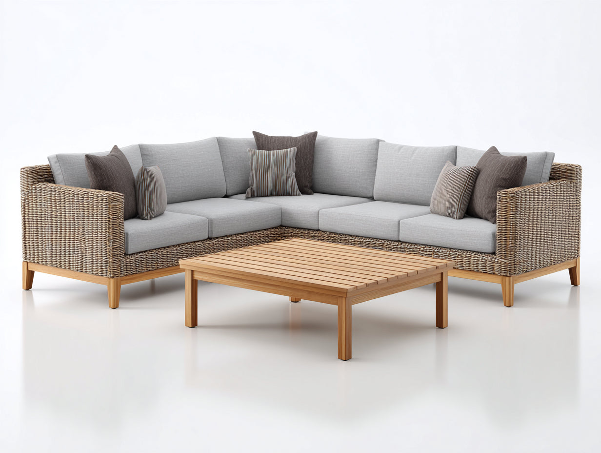 Sofás de exterior esquinero de ratán trenzado 270x210x76 cm - gris y marrón natural - con mesa de centro