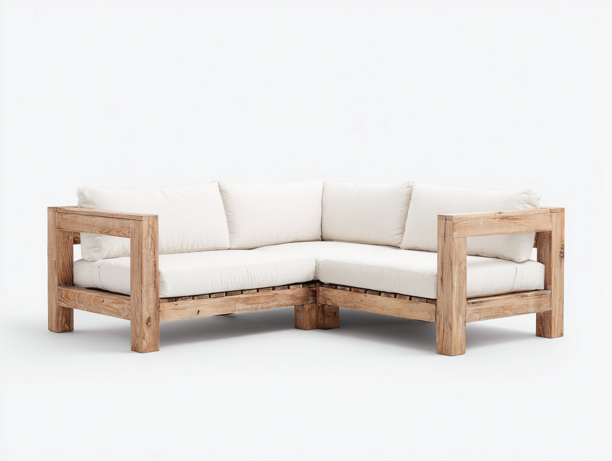 Sofás de exterior de madera 220x220x75 cm - Marrón natural y blanco - Diseño esquinero para jardín