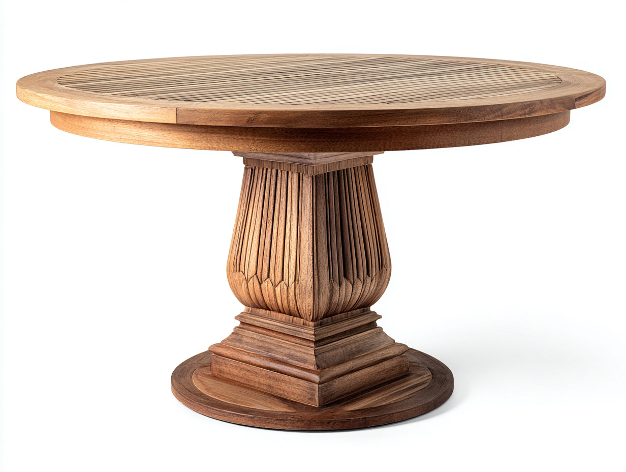 Mesas de jardín de madera maciza 140x140x76 cm - marrón natural - diseño redondo con pedestal tallado