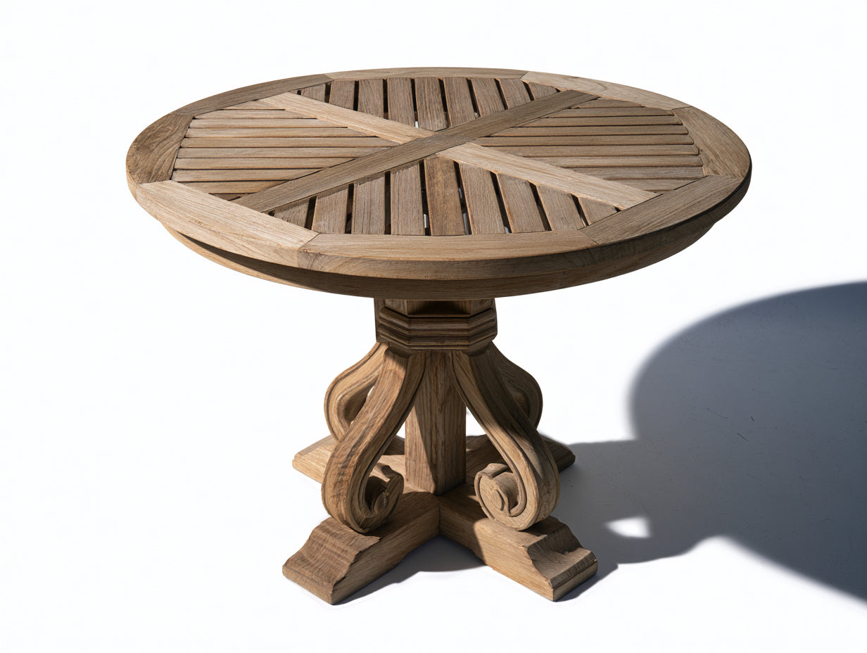 Mesas de jardín de madera maciza 110x110x75 cm - Marrón natural - Diseño redondo con pedestal tallado